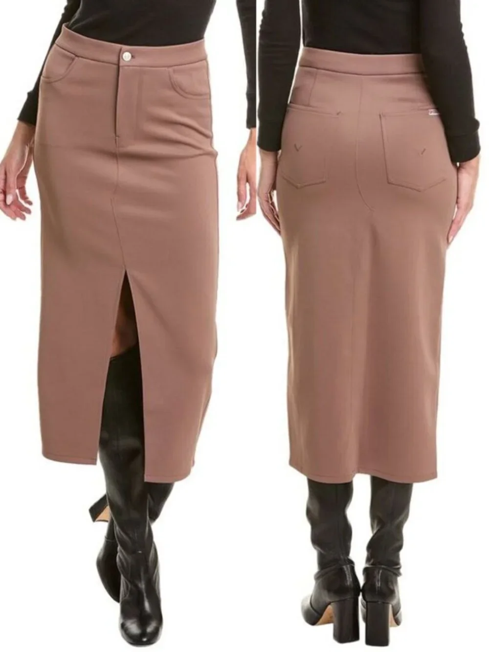 Hudson Jeans Women's XS Reconstructed Midi Skirt Deep Taupe Brown Stretch $185